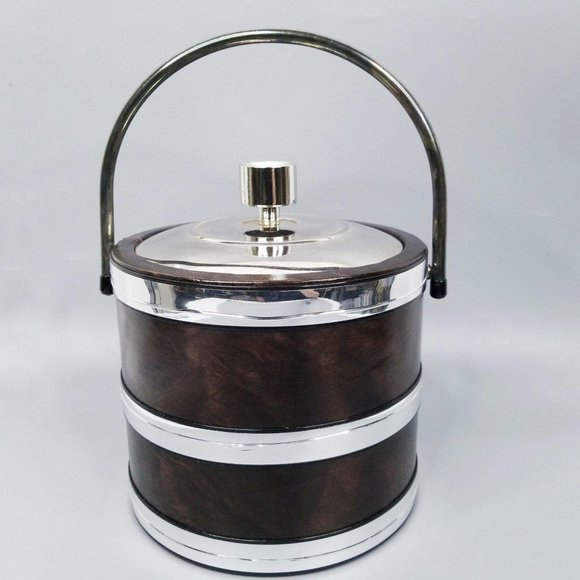Vintage Ice Bucket Brown Faux Leather Chrome MCM - Picture 4 of 12